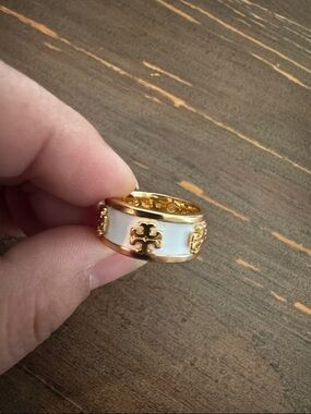 Tory Burch Gold and White Enamel Ring